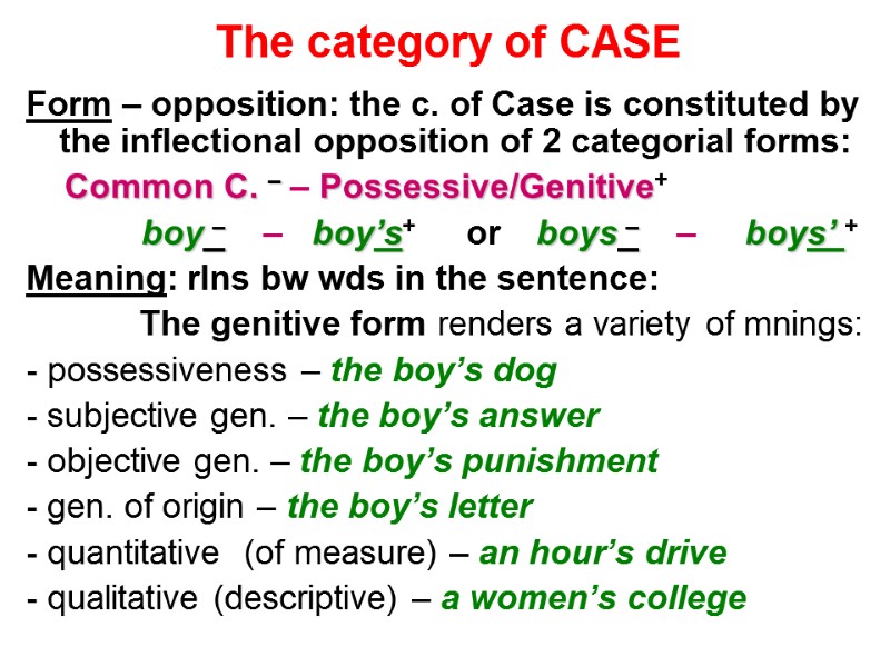 The category of CASE Form – opposition: the c. of Case is constituted by